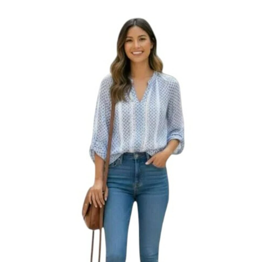 Counterparts Blue White Crochet Geometric Blouse M Boho Coastal